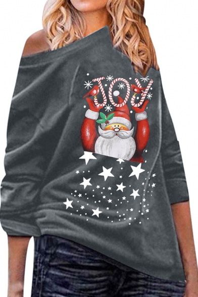 Fancy Casual Long Sleeve Drop Shoulder Letter JOY Santa Claus Pattern Loose Fit Pullover Christmas Sweatshirt for Female