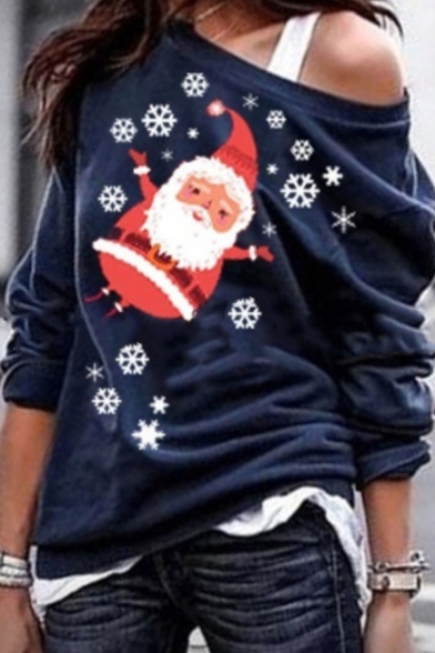 Fancy Girls' Long Sleeve Drop Shoulder Santa Claus Snow Pattern Loose Fit Pullover Christmas Sweatshirt