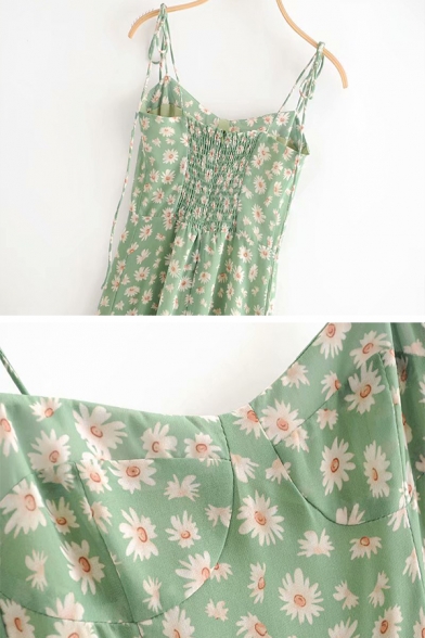 Fancy Green Popular Sleeveless Bow Tie Strap All Over Floral Print Pleated Midi A-Line Cami Dress for Ladies