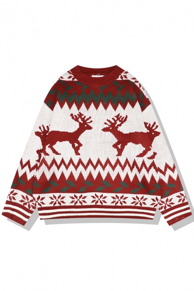 Fancy Long Sleeve Crew Neck Reindeer Floral Pattern Purl-Knit Boxy Pullover Christmas Sweater for Women
