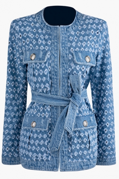 Fashion Blue Long Sleeve Crew Neck Hook and Eye Bow Tie Waist Floral Printed Flap Pockets Fitted Denim Jacket for Girls