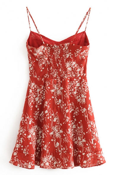Fashion Cute Red Sleeveless All Over Floral Print Pleated Short A-Line Cami Dress for Ladies