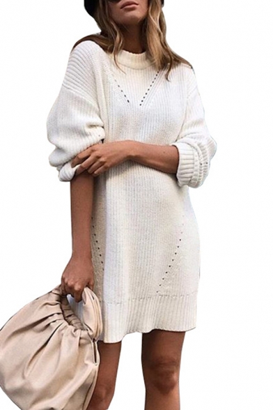 Fashion Ladies' Street Long Sleeve Mock Neck Oversize Midi Open Knit Pullover Sweater Dress in White