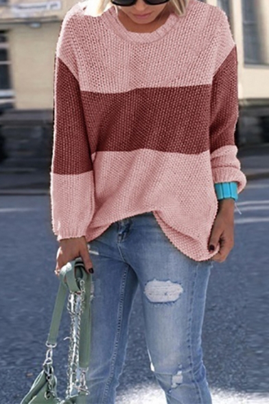 Fashion Street Long Sleeve Round Neck Contrasted Patched Relaxed Fit Chunky Knit Pullover Sweater Top for Female