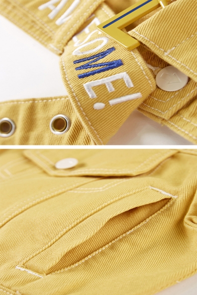 Fashion Yellow Long Sleeve Lapel Neck Button Down Flap Pockets Pattern Letter YOU'LL DO AWESOME Belted Fitted Denim Jacket for Women
