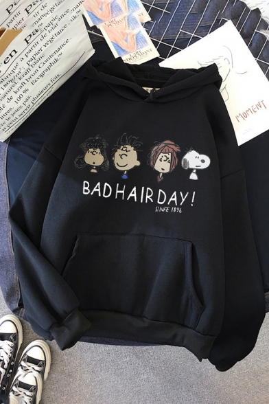 Funny Casual Long Sleeve Letter BAD HAIR DAY Cartoon Character Print Kangaroo Pocket Relaxed Hoodie for Girls