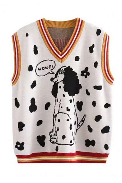 Funny Letter WOW Spotty Dog Print Contrast Trim V-Neck Oversized Knitted Vest