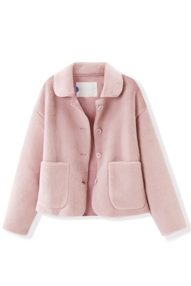Girl's Pink Cute Long Sleeve Lapel Collar Button Down Patched Pockets Velvet Loose Coat
