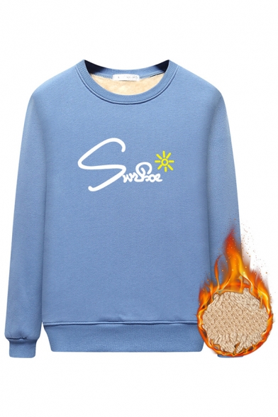 Girls' Casual Basic Long Sleeve Crew Neck Letter Sun Patterned Sherpa Lined Loose Pullover Sweatshirt