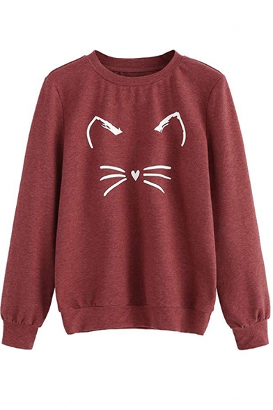 Girls' Cute Long Sleeve Crew Neck Kitty Print Loose Fit Daily Pullover Sweatshirt