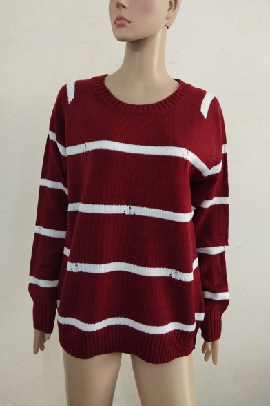Girls' Long Sleeve Round Neck Stripe Print Hollow Knit Relaxed Fit Pullover Sweater Top in Red