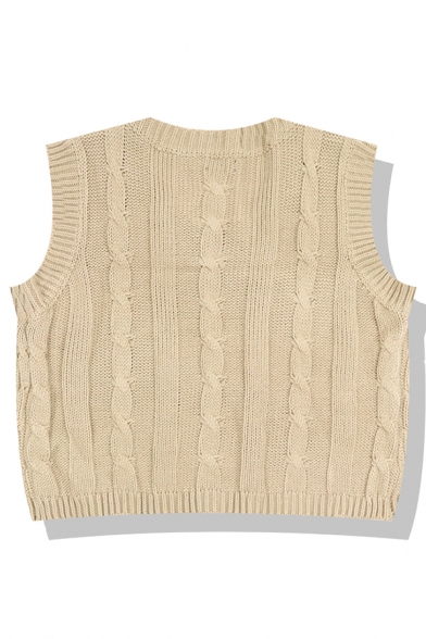 Girls' Trendy Sleeveless Crew Neck Cable Knit Loose Fit Sweater Vest in Apricot