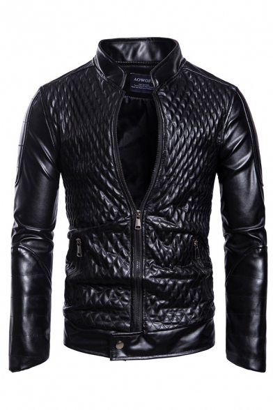 Guys Unique Black Long Sleeve Zip Placket Slim Fit Diamond Quilted PU Leather Jacket