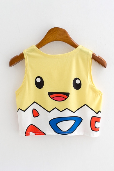 Cute Cartoon Face Letter BULLS Printed Round Neck Sleeveless Cropped Tank