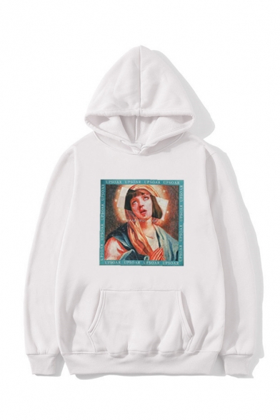 Oil Paint Girl Printed Long Sleeves Kangaroo Pocket Boxy Hoodie