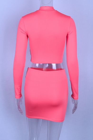 Ladies Active Plain Half Zip Placket Long Sleeve Cropped Top with Mini Bodycon Skirt