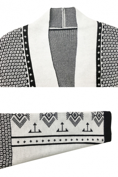 Ladies' Cool White Long Sleeve Geo Printed Fringe Trim Maxi Oversize Purl-Knit Fair Isle Cardigan Sweater