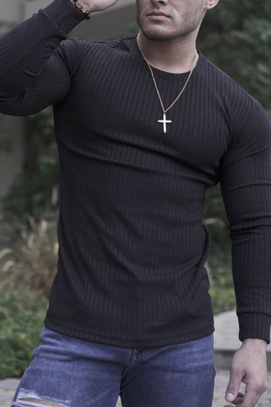 Men's Simple Plain Ribbed Knit Long Sleeves Round Neck Slim Fit Leisure T-Shirt