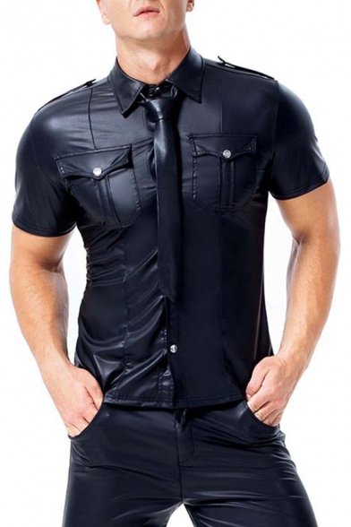 Men's Stylish Chest Pocket Epaulets Short Sleeves Lapel Fitted Black PU Leather Shirt with Tie
