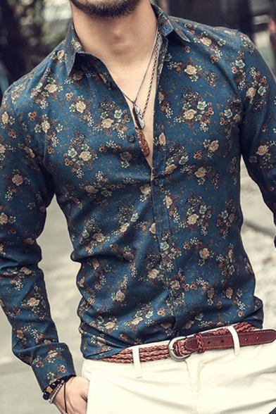 Men's Vintage Floral 3D Printed Long Sleeves Button Up Slim Fit Hawaiian Shirt