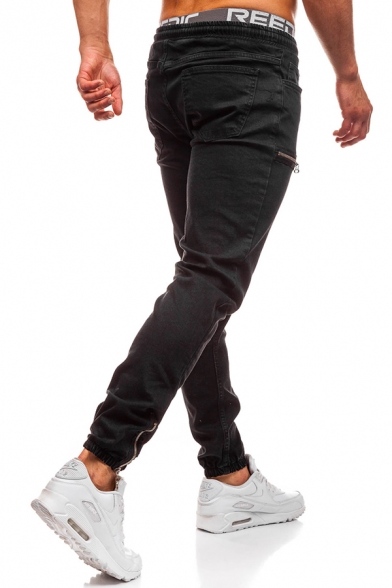 Mens Active Plain Drawstring Waist Zip Patchwork Skinny Fit Leisure Jeans