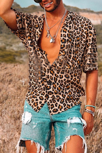 Mens Classic Leopard Pattern Short Sleeve Single Breasted Loose Apricot Shirt