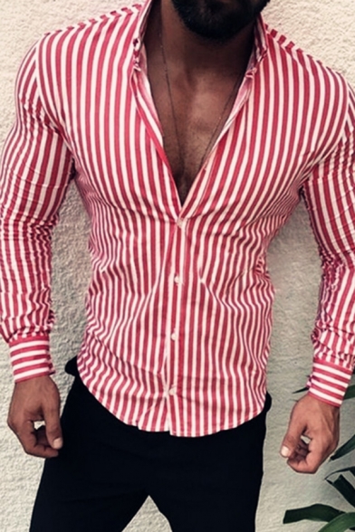 Mens Leisure Turndown Collar Long Sleeve Button Down Slim Fit Striped Shirt