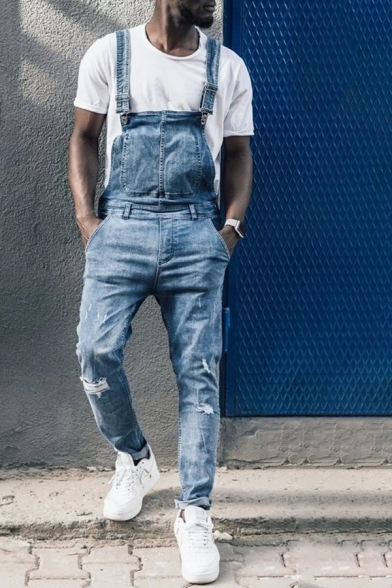Mens Street Fashion Light Blue Ripped Detail Overall Jeans Basic Denim Jumpsuits