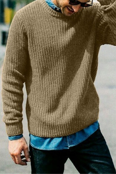 Mens Streetwear Plain Long Sleeve Round Neck Chunky Knitted Pullover Sweater