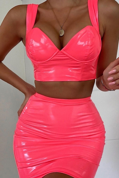 New Stylish Plain PU Leather Cropped Tank Top with Mini Skirt Sexy Two Piece Co-ords