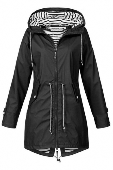 Plain Casual Long Sleeve Hooded Zipper Front Drawstring Flap Pockets Stripe Lined Relaxed Long Trench Coat for Women