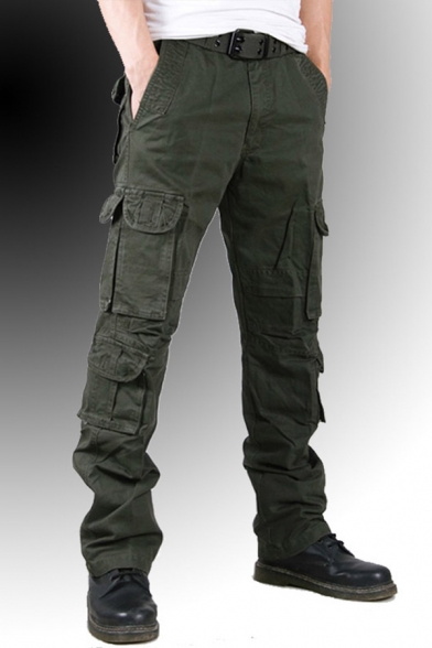 Popular Camo Print Flap Pocket Solid Color Straight Fit Cotton Trousers Military Pants