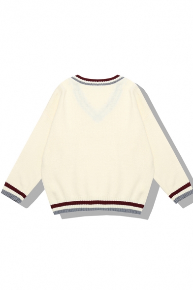 Preppy Looks Long Sleeve V-Neck Badge Pattern Contrast Stitch Oversize Knit Pullover Sweater for Girls