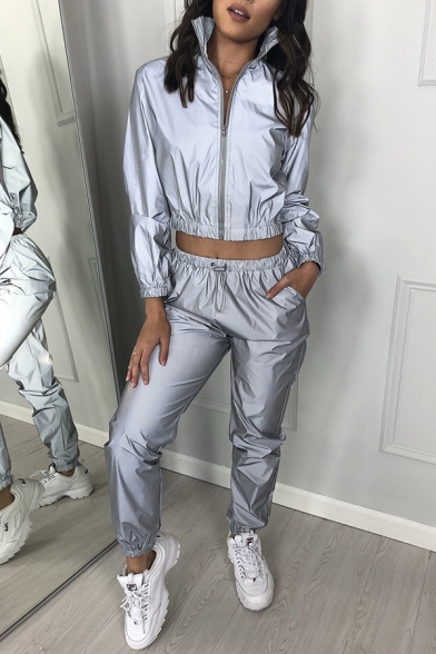 Reflective Fashion Long Sleeve Zip Up Crop Coat & Drawstring Waist Pants Two Piece Co-ords