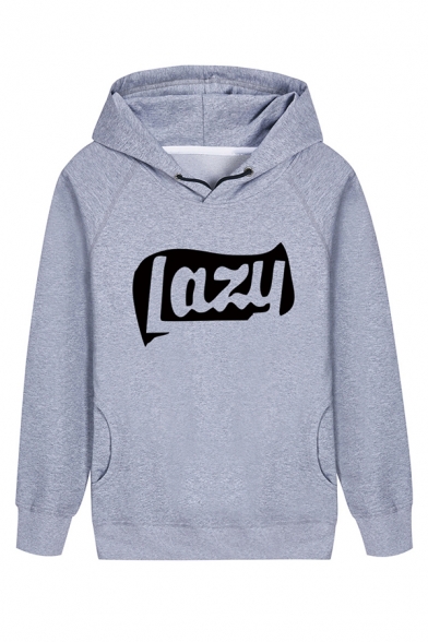 Simple Letter LAZY Printed Long Sleeve Loose Fit Side Pockets Drawstring Hoodie