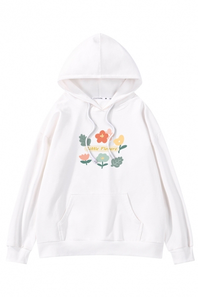 Simple Letter LITTLE FLOWER Print Long Sleeve White Drawstring Graphic Hoodie in Loose Fit