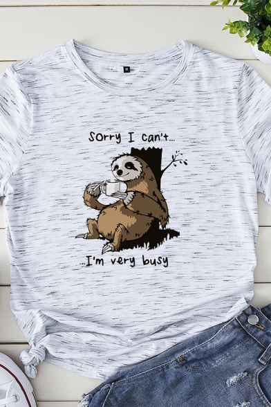 Simple Letter SORRY I CAN'T I'M VERY BUSY Sloth Print Short Sleeves Crewneck Casual Tee