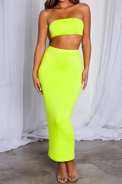 Solid Color Bandeau Cropped Top with Maxi Fitted Skirt Two Piece Sexy Co-ords