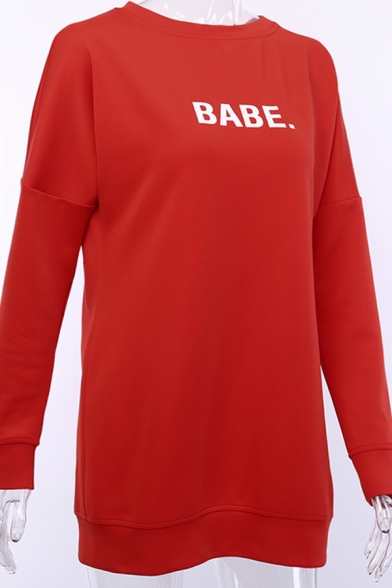 Stylish Ladies' Long Sleeve Round Neck Letter BABE Printed Loose Midi Plain Pullover Sweatshirt