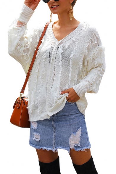 tassel patched loose knit sweater