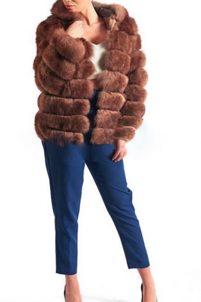 Trendy Warm Women's Long Sleeve Hooded Contrasted Short Baggy Fox Fur Jacket