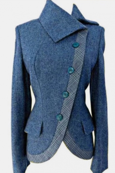 Unique Chic Women's Long Sleeve Exaggerate Collar Button Front Asymmetric Slim Fit Plain Wool Coat