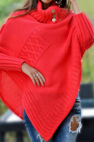 Unique Street Girls' Batwing Sleeve Turtleneck Button Detail Geo Print Asymmetric Oversize Plain Pullover Cocoon Sweater