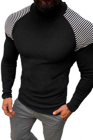 Unique Stripe Printed Long Sleeve High Neck Slim Fitted Pullover Woollen Sweater for Men