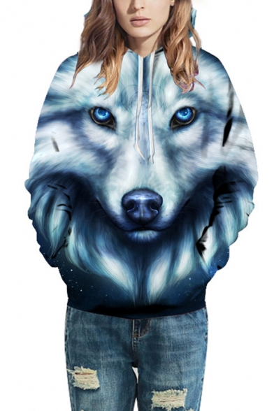 Unisex Stylish Wolf Face 3D Printed Long Sleeve Blue Drawstring Hoodie