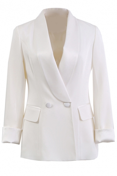 White Chic Roll Tab Sleeve Shawl Collar Button Front Flap Pockets Slim Fit Blazer for Ladies