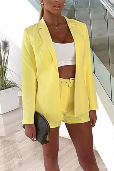 Womens Elegant Solid Color Notched Collar Long Sleeve Blazer Coat with Loose Belted Shorts