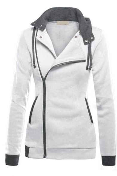 Womens Exclusive Contrast Lapel Collar Side Zip Long Sleeve Thick Hoodie Coat