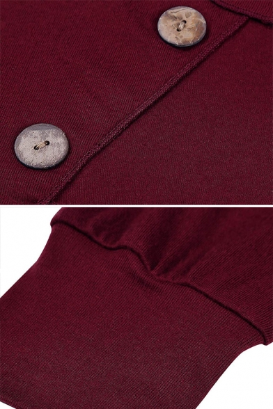 Womens Trendy Solid Color Long Sleeve Button Embellished Irregular Hem Loose Hoodie