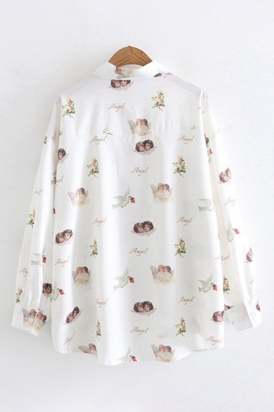 Cute Angel Letter Floral Pigeon Printed Long Sleeves Lapel Chest Pocket Button-Up Shirt
